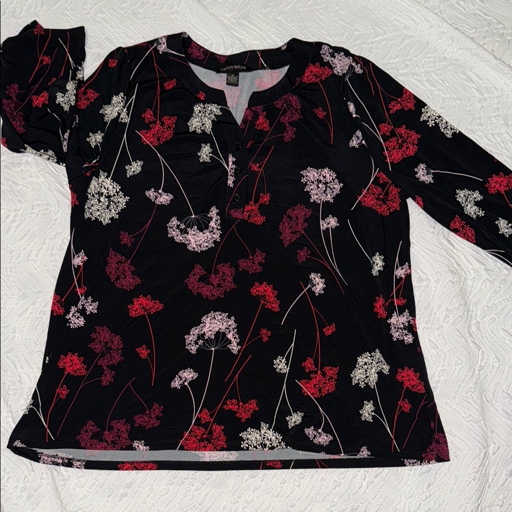 Carolyn Taylor Black and Red Fitted Long Sleeve Blouse EUC XL